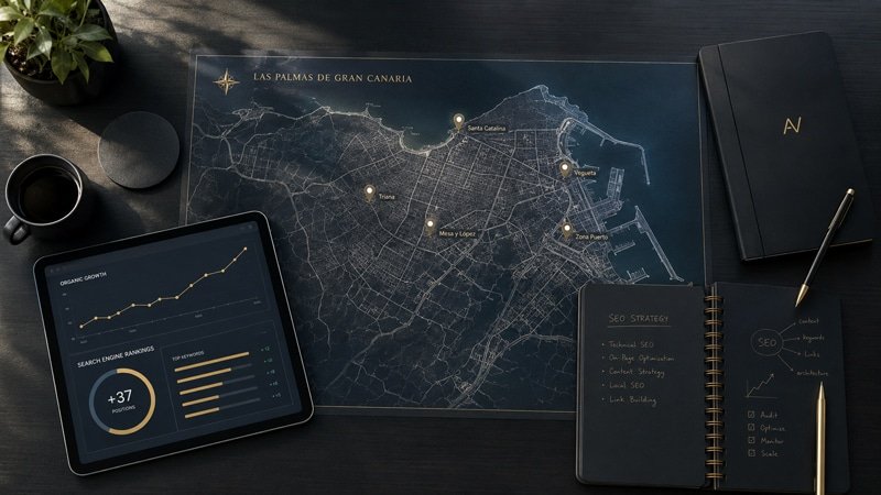 Profesional analizando una estrategia SEO sobre un mapa de Las Palmas